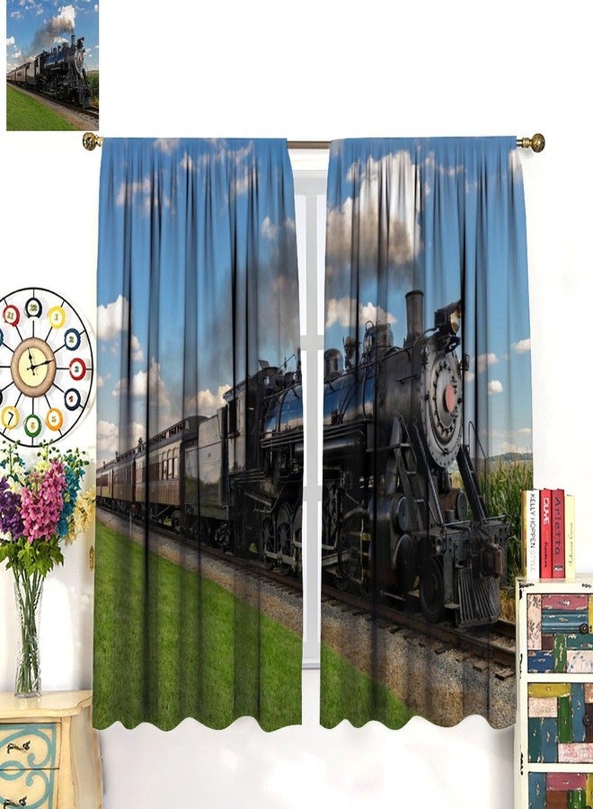 AAVEUP Trains Curtains, Blue Sky Country Field Vintage Black Steam Train Pattern Windows Treatments Rod Pocket Drapes for Kids Boys Juvenile Living Room Bedroom 42x45in（No Blackout） - Image 3